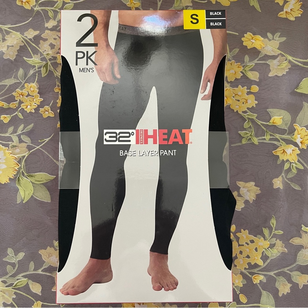 NIB 32 Degrees Heat Men's 2-Pack Stretch Quick-Dry Base Layer Pants, Black, Sz S